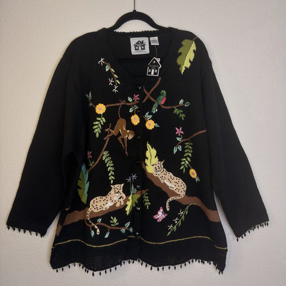 Storybook Knits Jungle Sophisticate 3X Cardigan Leopard Monkey Beaded Fringe NWT